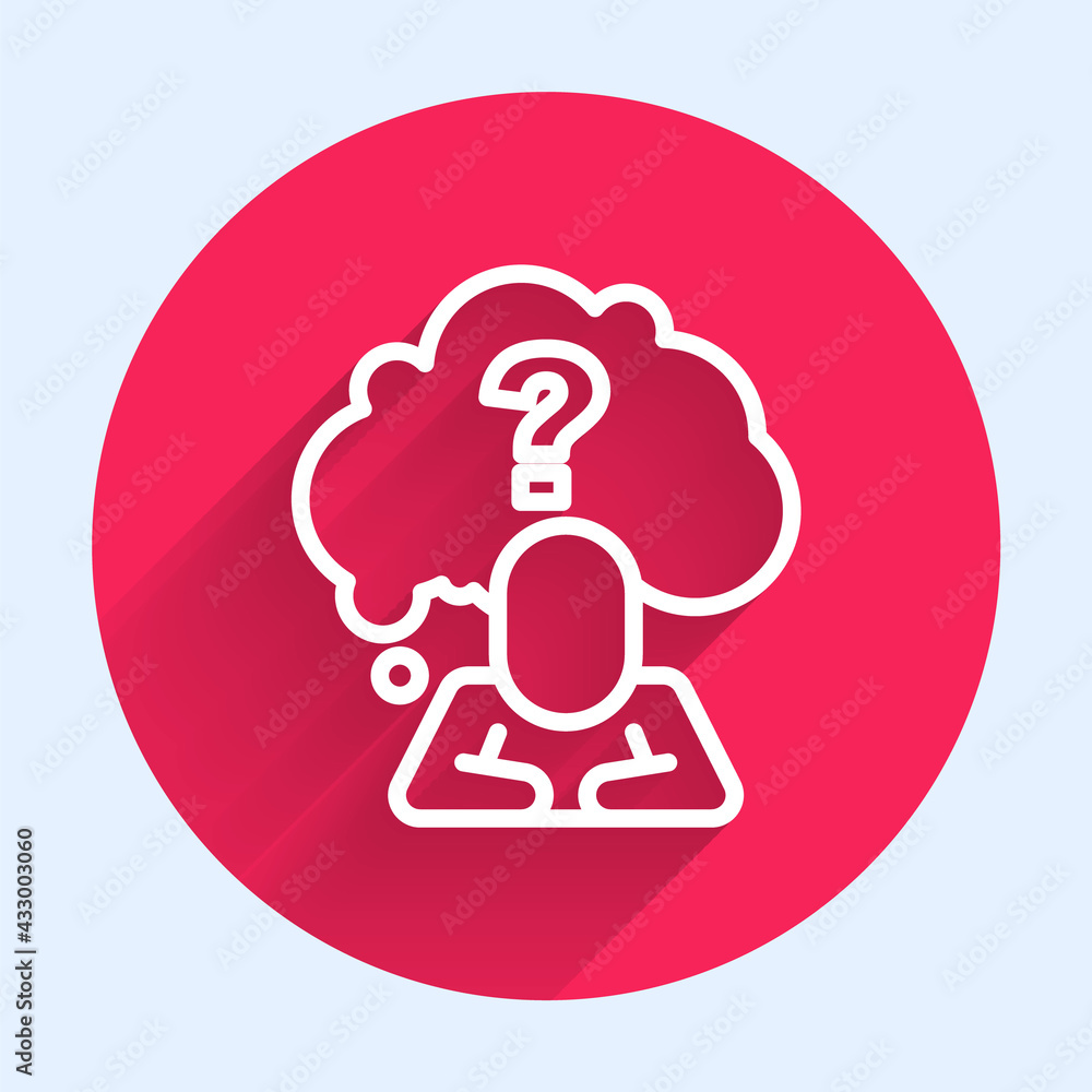 Poster white line human head with question mark icon isolated with long shadow. red circle button. vector