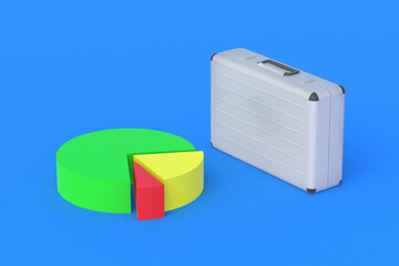 Pie chart near metal suitcase. Analysis of the banking system. Marketing calculations. Results of financial inspection, audit. Commercial activity report. Budget allocation. 3d render