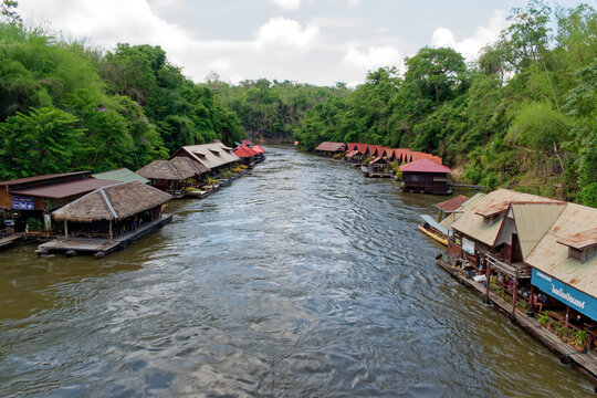 Kanchanaburi, Thailand, Apr 14 2017. Jungle Raft Building near Saiyok Yai waterfall, Kaw Noi River