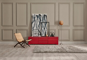 Decorative living room, television unit with frame poster style, chair carpet and lamp design, brown wall background.