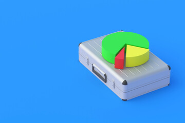 Pie chart on metal suitcase. Analysis of the banking system. Marketing calculations. Results of financial inspection, audit. Commercial activity report. Budget allocation. Copy space. 3d render