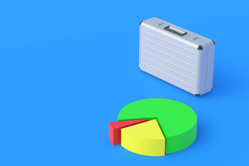 Obraz premium Pie chart near metal suitcase. Analysis of the banking system. Marketing calculations. Results of financial inspection, audit. Commercial activity report. Budget allocation. Copy space. 3d render