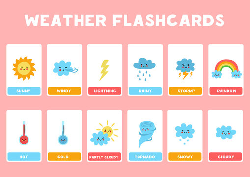 Cute weather elements with names. Flash cards for children.