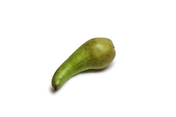 pear conference, isolated, on white background. beautifully curved, with short stalk, half green, with gray-brown spots, half skin is rough. with clipping path
