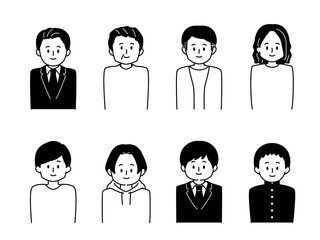 モノクロ人物アイコンセット　男性8人
