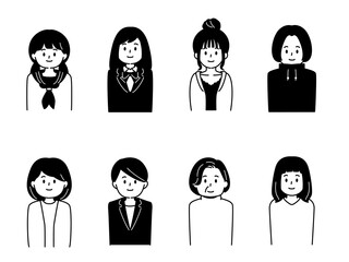 モノクロ人物アイコンセット　いろいろな年代の女性8人
