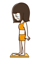 体重計に乗ってショックを受ける女性
