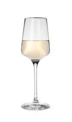 Glass of delicious expensive wine on white background
