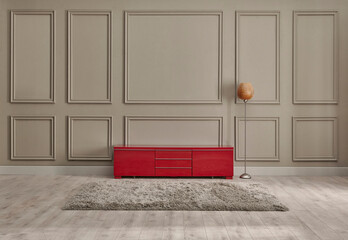 Brown interior and classic wall background with red television unit, lamp carpet and chair style.