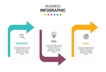 Concept of arrow business model with 3 successive steps. Three colorful graphic elements. Timeline design for brochure, presentation. Infographic design layout.