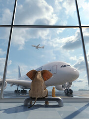 elephant and dog sitting by the window at the airport