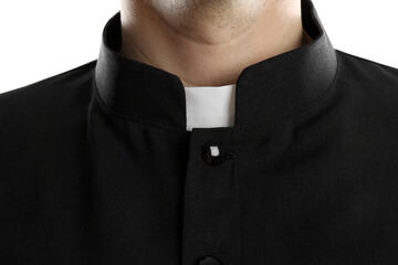 Priest wearing cassock with clerical collar on white background, closeup - obrazy, fototapety, plakaty
