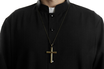 Priest with cross on white background, closeup