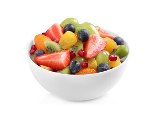 Fresh delicious fruit salad in bowl on white background