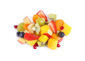 Pile of delicious fruit salad on white background, above view