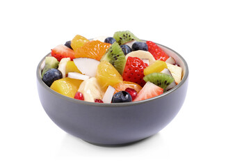 Fresh delicious fruit salad in bowl on white background