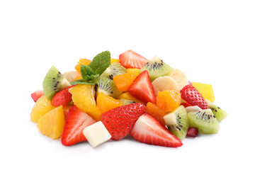 Pile of delicious fruit salad on white background