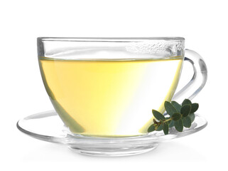 Cup of green tea with eucalyptus leaves on white background