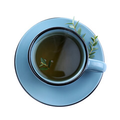 Cup of green tea with eucalyptus leaves on white background, top view