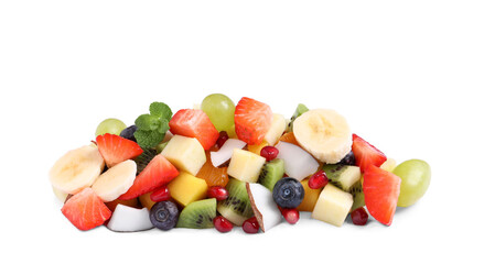 Delicious salad of different fruits on white background
