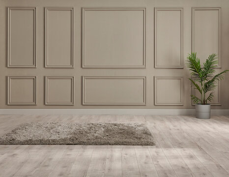 Classic Brown Wall Background, Interior Room, Carpet With Chair Style, Vase Of Plant Detail.