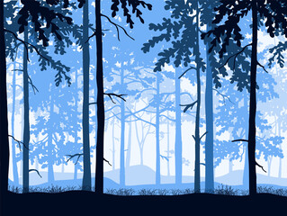 Forest background, silhouettes of trees. Magical misty landscape. Blue illustration. 