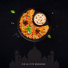Eid Mubarak (Blessing for Eid): A Creative poster for Eid with Moon and iftar meal together.