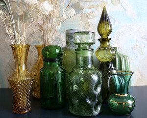 Glassware set, vintage decor, glass bottle and vase