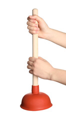 Woman holding plunger on white background, closeup. Toilet cleaning tool