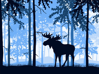 Moose with antlers posing, forest background, silhouettes of trees. Magical misty landscape. Blue illustration.