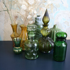 Glassware set, vintage decor, glass bottle and vase