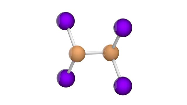 Diphosphorus tetraiodide is an orange crystalline solid with the formula P2I4 or I4P2. 3D render. Seamless loop. Chemical structure model: Ball and Stick. White background