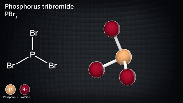 Phosphorus tribromide is a colourless liquid with the formula PBr3 or Br3P. 3D render. Seamless loop.Chemical structure model: Ball and Stick.