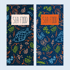 A set of Menus for seafood. Vector illustration of fresh fish, shrimp, octopus, clams, crab, lemon and sauce. Restaurant cover design Menu template. Vector illustration