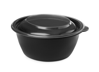 Disposable black plastic bowl isolated on white