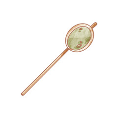 Clip-art green matcha tea drops in spoon for ceremony isolate on white background. Watercolor digital illustration. Print for sticker, postcard, menu, packaging, brand, cafe.