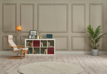 Brown room wall and classic background, white bookshelf lamp and chair decoration.