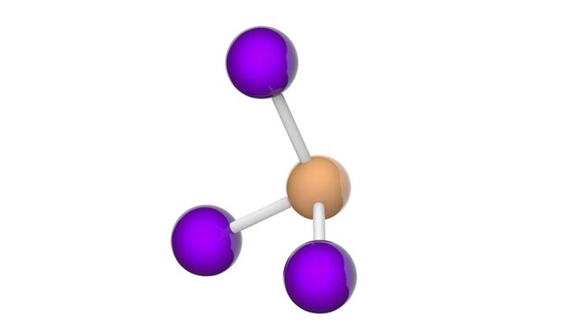 Phosphorus triiodide (PI3 or I3P) is an unstable red solid which reacts violently with water. 3D render. Seamless loop. Chemical structure model: Ball and Stick. White background