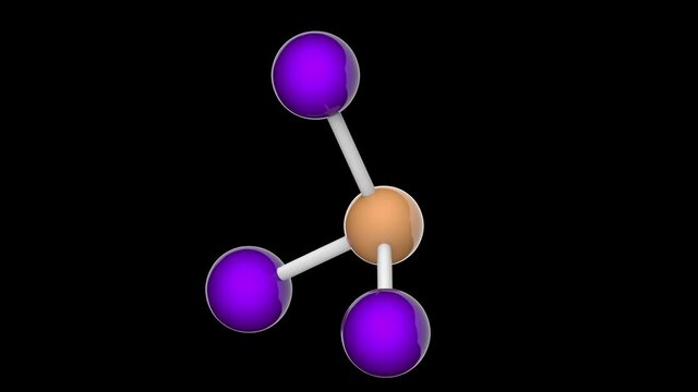 Phosphorus triiodide (PI3 or I3P) is an unstable red solid which reacts violently with water. 3D render. Seamless loop. Chemical structure model: Ball and Stick. RGB + Alpha (Transparent) channel.