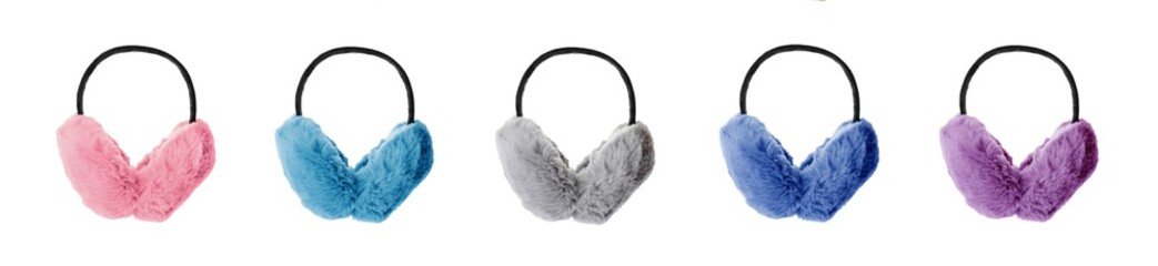 Set with different colorful soft earmuffs on white background. Banner design
