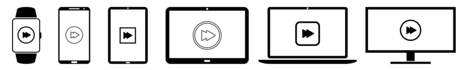 Display forward, button, music, media Icon Devices Set | Web Screen Device Online | Laptop Vector Illustration | Mobile Phone | PC Computer Smartphone Tablet Sign Isolated
