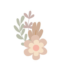 Fototapeta na wymiar Simple flowers pastel-colored floral arrangement in flat style vector illustration, symbol of spring, cozy home, Easter holidays celebration decor, clipart for cards, bohemian springtime decoration