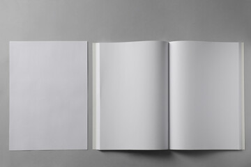 Paper sheet and open blank brochure on light grey background, flat lay