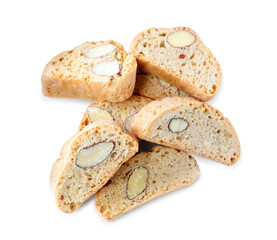 Slices of tasty cantucci on white background, top view. Traditional Italian almond biscuits