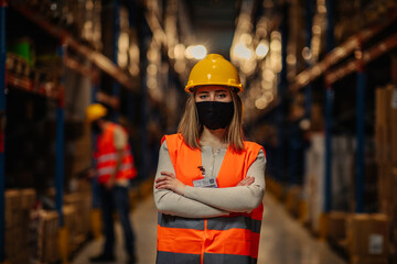 Warehouse worker with face masks during and after coronavirus pandemic