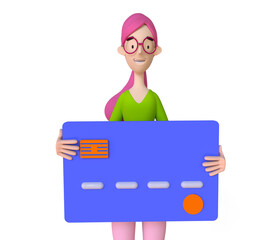 Credit card payment concept, contactless payment. Woman holding credit card trendy 3d illustration on a white background.