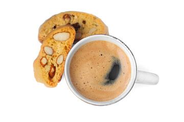Tasty cantucci and cup of aromatic coffee on white background, top view. Traditional Italian almond biscuits