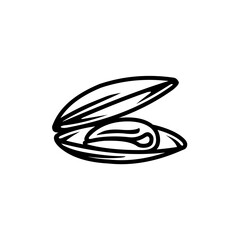 Mussel shell icon. Black line vector isolated icon on white background. Best for menus of restaurants, cafes, bars and food courts.