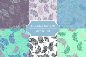 Set of seamless patterns with feathers. Collection of vector illustrations for designing posters, cards, prints, stickers, fabric, textile, gift paper, scrapbooking