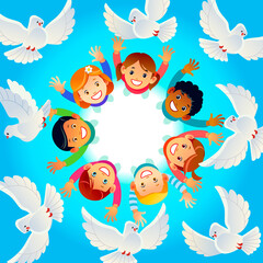 Multicultural children in a circle with happy faces, raising their hands up. Pigeons fly. Illustration of a greeting card with the Day of Friendship. Cartoon vector illustration isolated background